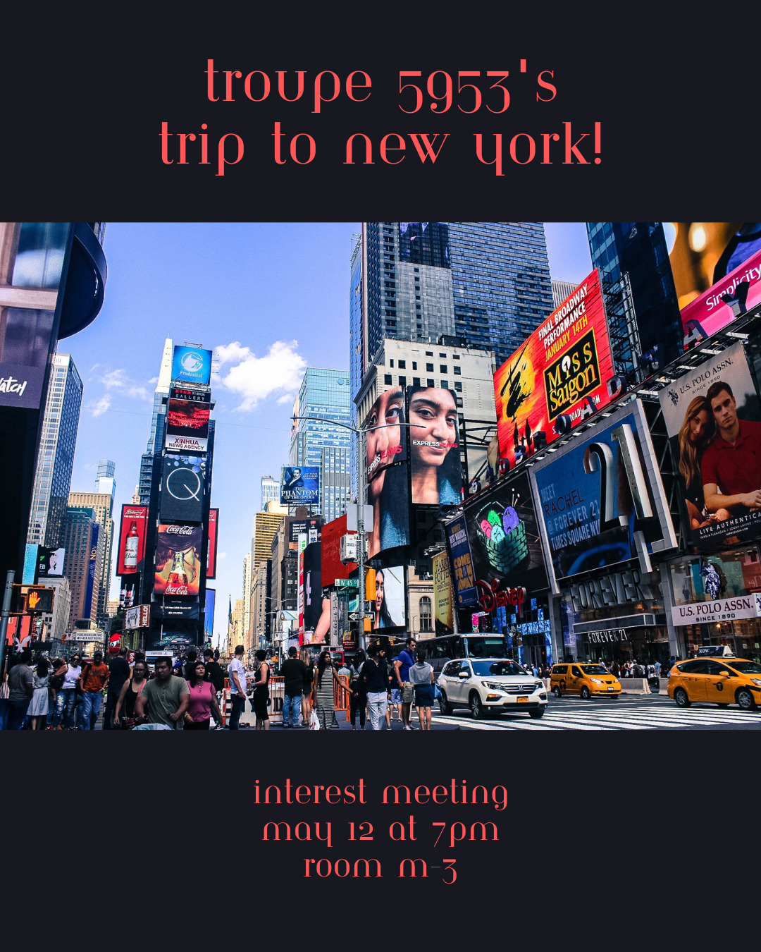 We're going to New York next year! Come to the interest meeting in M3 at 7pm on May 12 to get all the details. If you want to go but can't make the meeting, just email Whitcomb!
P.S. Start thinking about what shows we should see!
#nyc #broadway #theatreonthejames #offbroadway
