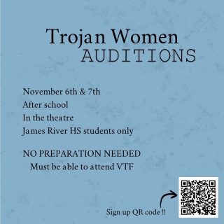 Auditions for our Festival One-Act are happening next week, November 6-7th!! No preparation is needed and there will be no callbacks.