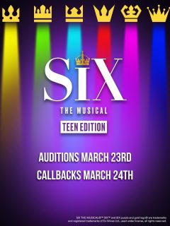 Auditions for SIX will be held on Monday, March 23rd. To audition you will need to prepare a song and a monologue. The song does not have to be something from a musical, just something in the style of SIX. Come prepared with a track for the song.

Callbacks will be posted to our instagram Monday afternoon. Callbacks will be held on Tuesday, March 24th.

The cast list will be posted to our instagram Tuesday afternoon. Everyone casted will be required to attended a read-through on Thursday, March 26th.

Signups: https://m.signupgenius.com/#!/showSignUp/10C0F4CAAAE23A6FFCE9-62786578-sixthe 
Registration: https://docs.google.com/forms/d/e/1FAIpQLSdNWxvHkzlLYXKz3R_Kw44hK-xNoOYHNm9dAONLnIuL0XV5pQ/viewform
